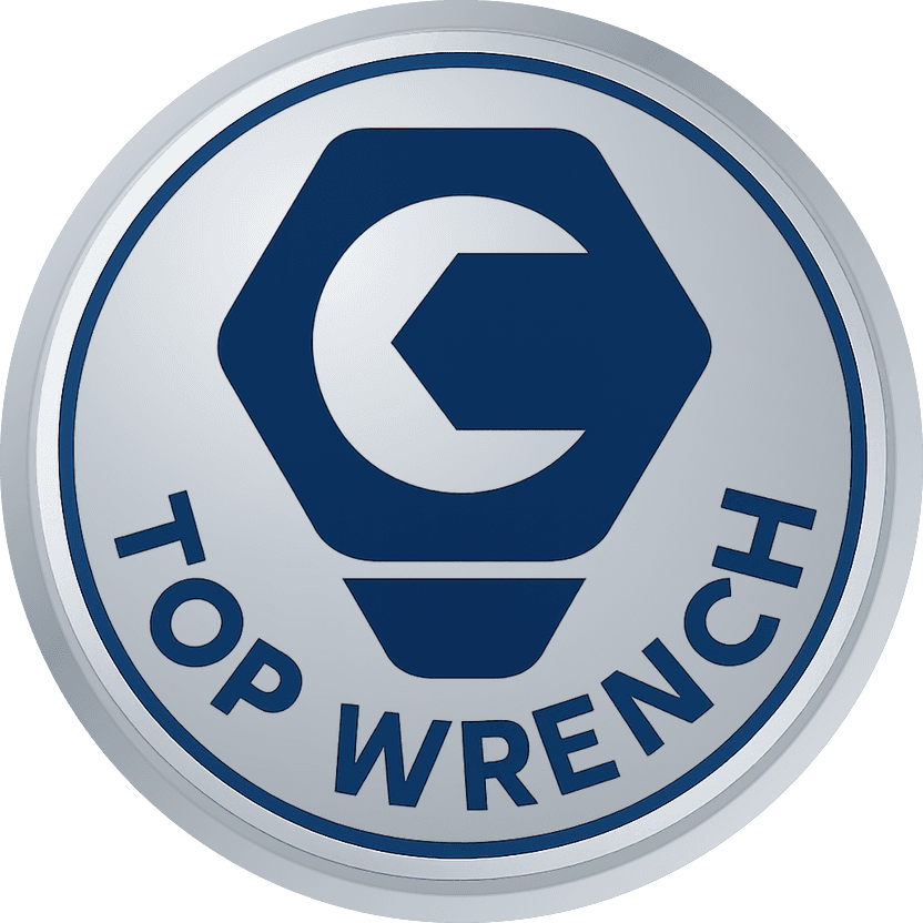 Silver modern award coin with a geometric hex-bolt emblem reading TOP WRENCH