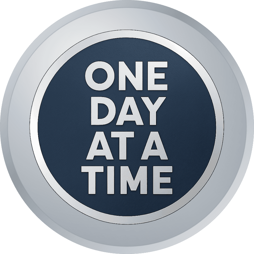 Silver recovery medallion reading ONE DAY AT A TIME in bold capitals on bare polished silver